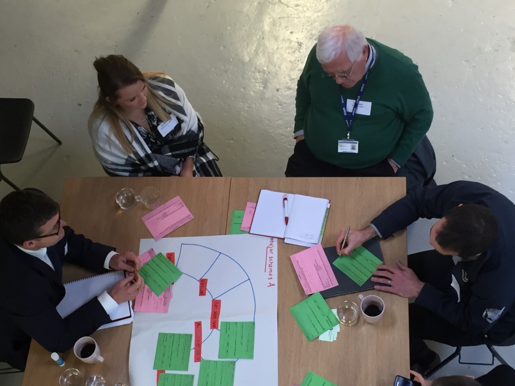 Andy Judson (BAM), Una McMahon (Environment Agency), Tony Poole (Bradford Council), and an unidentified fourth person, hard at work in a discussion group at Open Source Arts